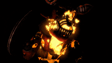 a cartoon character is on fire and has a huge mouth