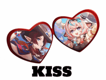 two hearts with a picture of a girl and the word kiss below it