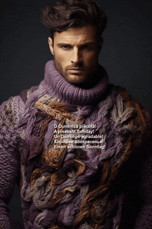 a man is wearing a purple sweater with a poem written on it