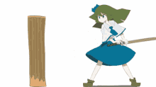 a cartoon of a girl kneeling down with a sword in front of a tree .