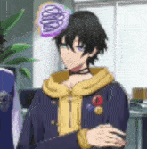 a man with a flower on his head is wearing a choker and a hoodie .