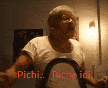 a man riding an exercise bike with the words pichi piche idi written below him