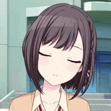 a girl with her eyes closed is wearing a sweater and tie