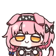 a cartoon drawing of a girl with pink hair and a headband .