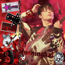 a picture of a man playing a guitar with the name burninghai on the bottom right
