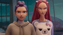 two cartoon girls are standing next to each other with one wearing a teddy bear shirt