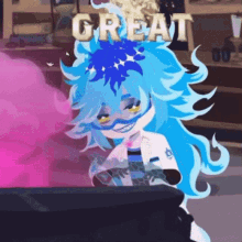 a cartoon character with blue hair and the word great on top of her head