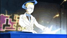 a man in a white coat and blue tie is standing in front of a blue box with a light coming out of it