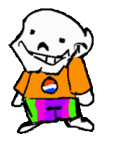 a cartoon character wearing a pepsi shirt and colorful shorts