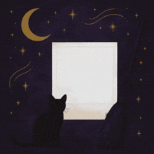 a black cat sits in front of a picture of a woman with a crescent moon in the background