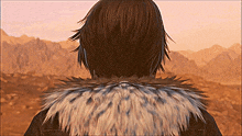 the back of a person wearing a fur coat looking at the mountains
