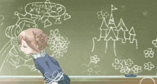 a girl is standing in front of a chalkboard that says marry me on it
