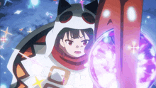a girl in a cat costume holding a purple object