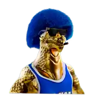 a gold statue with a blue afro and sunglasses