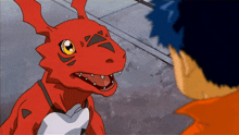 a cartoon of a red monster talking to a boy