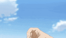 a group of anime characters including a boy pointing at a small purple creature