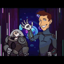 a cartoon of a man in a space suit and a dog in a space suit