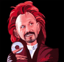 a man with red hair and a beard is holding a cd in his hand