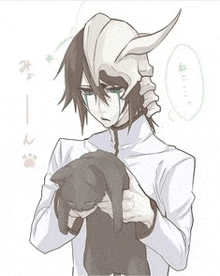 Ulquiorra Holding A Black Cat With Both His Hands Confused GIF