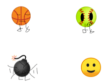 a basketball a baseball a bomb and a smiley face are shown