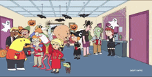 a group of cartoon characters are gathered in a room with the words adult swim on the bottom right