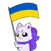 a cartoon cat holding a blue and yellow flag with the letter b on it