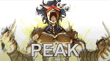a cartoon drawing of a man screaming with the word peak below him