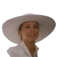 a woman wearing a white hat and pearls is making a funny face
