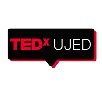 a logo for ted x ujed with a red speech bubble