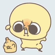 a cartoon character with a big head is standing next to a smaller cartoon character with a smiley face .