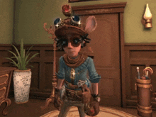 a cartoon character with a hat and goggles on