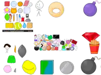 a bunch of cartoon objects are lined up on a white background with a sign that says posted in / battlefordreamisland