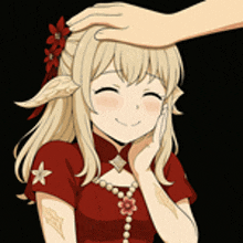 a hand is petting a blonde anime girl 's head .