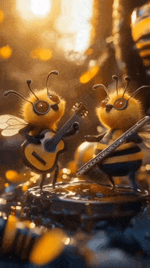 two bees are playing guitars and a flute together .