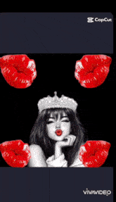 a black and white drawing of a girl with red lips and a crown