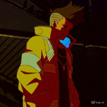 a cartoon of a man in a yellow jacket and a black shirt