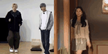 a man and a woman are dancing together in a room .