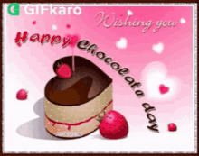 happy chocolate day gifkaro cake strawberry wishes