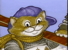 a cartoon cat wearing a hat and scarf is holding skis