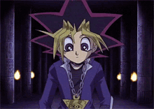 a cartoon character is wearing a purple jacket and a purple hat