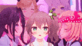 a group of anime girls are posing for a picture with one wearing a bandana