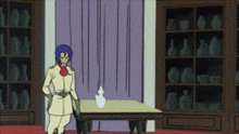 a cartoon character is standing next to a table in a room with a lot of vases on shelves .