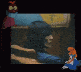 a cartoon owl and alice from alice in wonderland are on a screen
