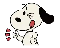 a cartoon of snoopy giving a thumbs up with his tongue out