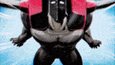 a cartoon character in a black suit with a pink hood