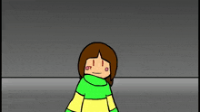 a cartoon of a girl wearing a green and yellow sweater waving her hand .