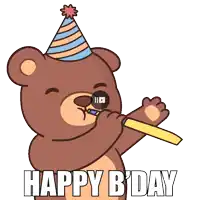a brown teddy bear wearing a party hat is blowing a party horn with the words happy b day below it
