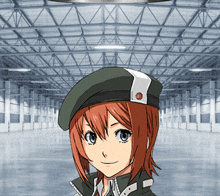 a girl in a military uniform with a green hat