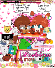 a collage of cartoon characters with the words " long bacon store " at the bottom