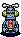 a pixel art drawing of a robot with headphones on a white background .